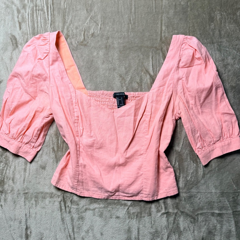 Forever‎ 21 Pink Linen Blend Puff Sleeve Smocked Back Sweetheart Neck Top Small
